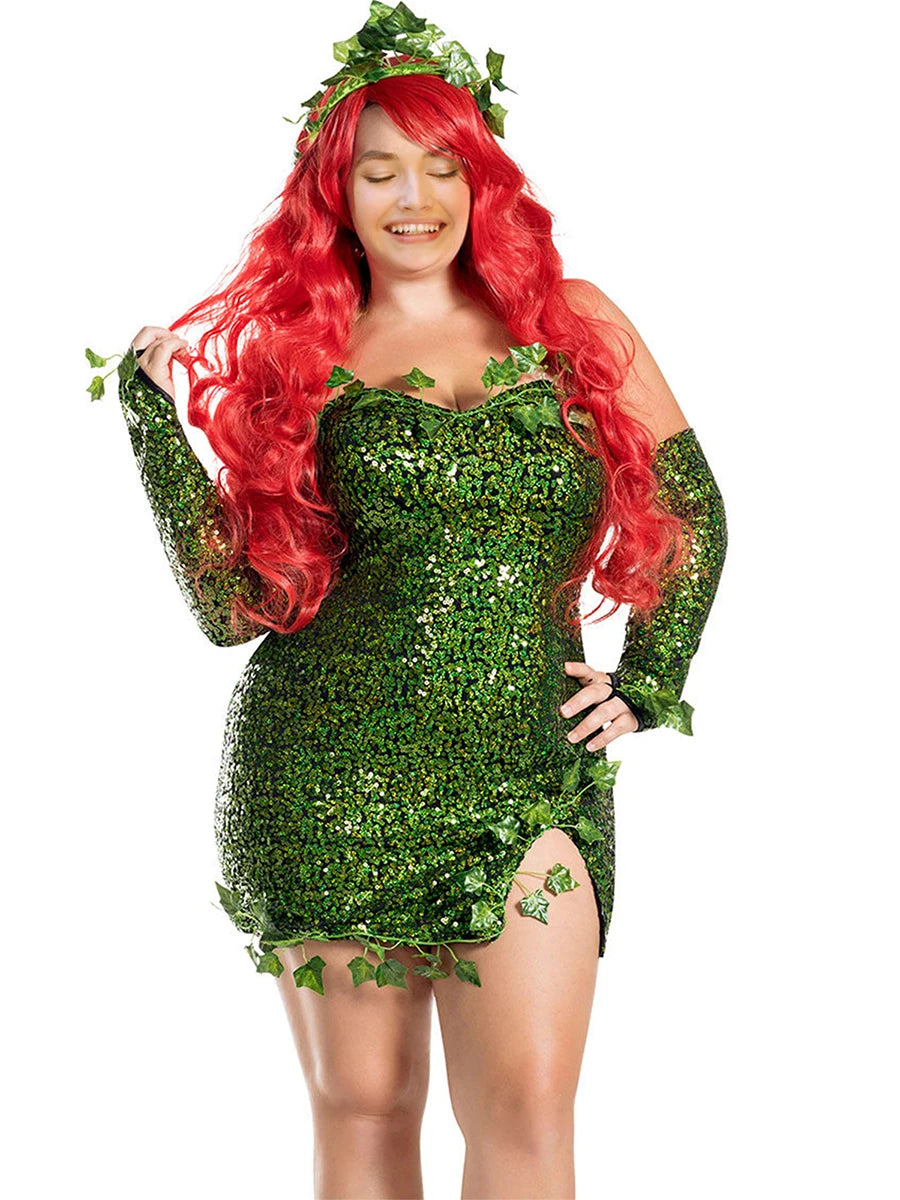 Damen Green Ivy Halloween Cosplay Kostüm Party Deluxe ärmellose gefälschte Blätter trägerloses Pailletten-Minikleid mit Handschuhen Set