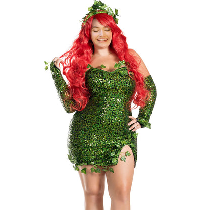 Damen Green Ivy Halloween Cosplay Kostüm Party Deluxe ärmellose gefälschte Blätter trägerloses Pailletten-Minikleid mit Handschuhen Set