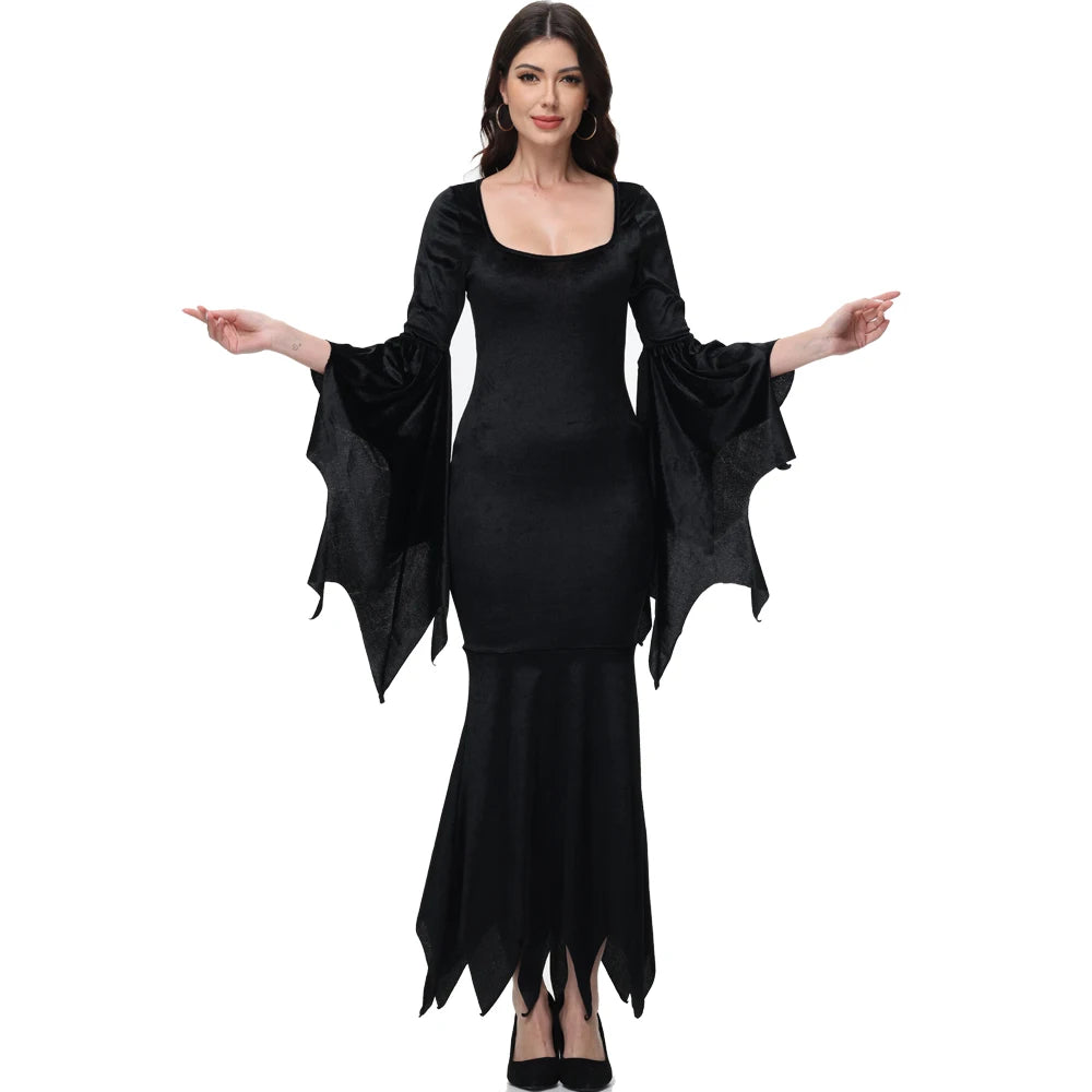 [Du bist mein Geheimnis] Halloween Morticia Adams Primate Schwarz Adams Familie Kleid Retro Gothic Flared Sleeve Fishtail Kleid Vestido