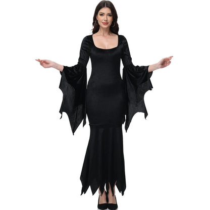[Du bist mein Geheimnis] Halloween Morticia Adams Primate Schwarz Adams Familie Kleid Retro Gothic Flared Sleeve Fishtail Kleid Vestido