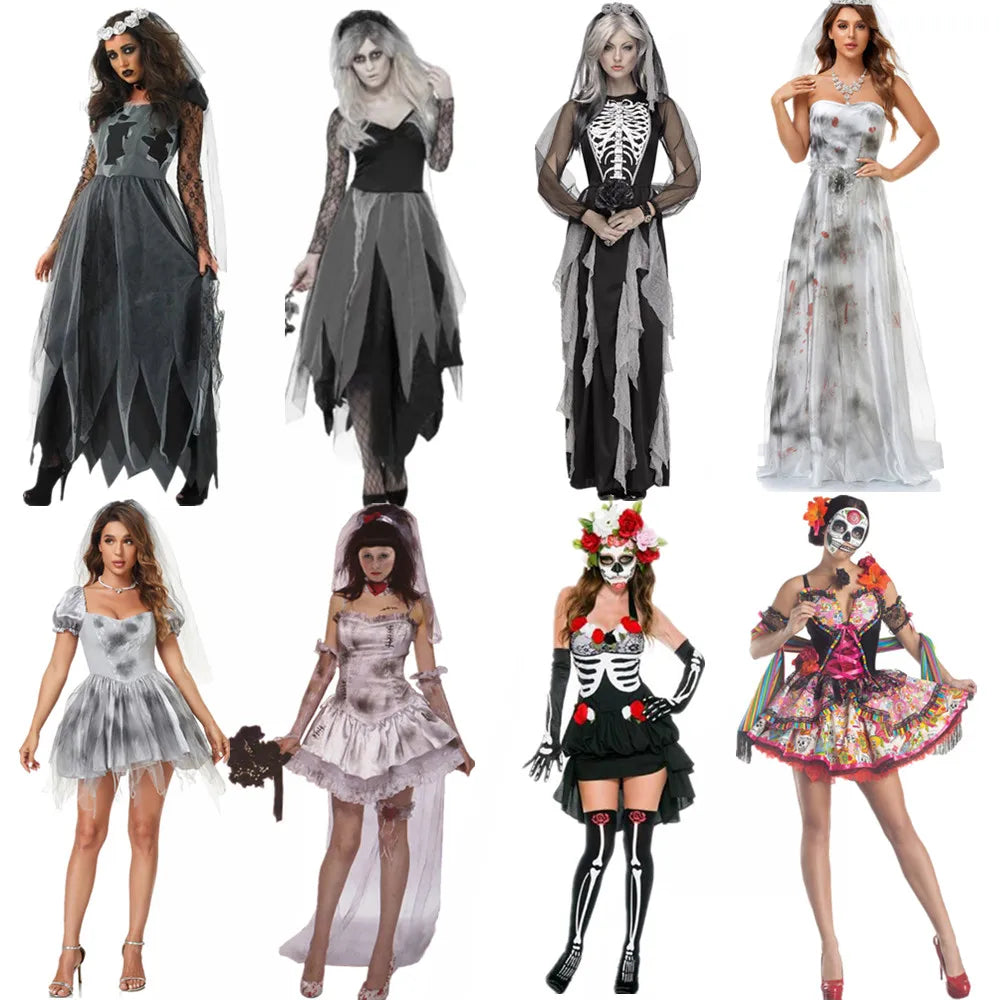 Mehrere erwachsene gruselige Schädel Geister Braut Kostüm Frauen Zombie Vampire Cosplay Carnival Halloween Party Day of the Dead Dress Up