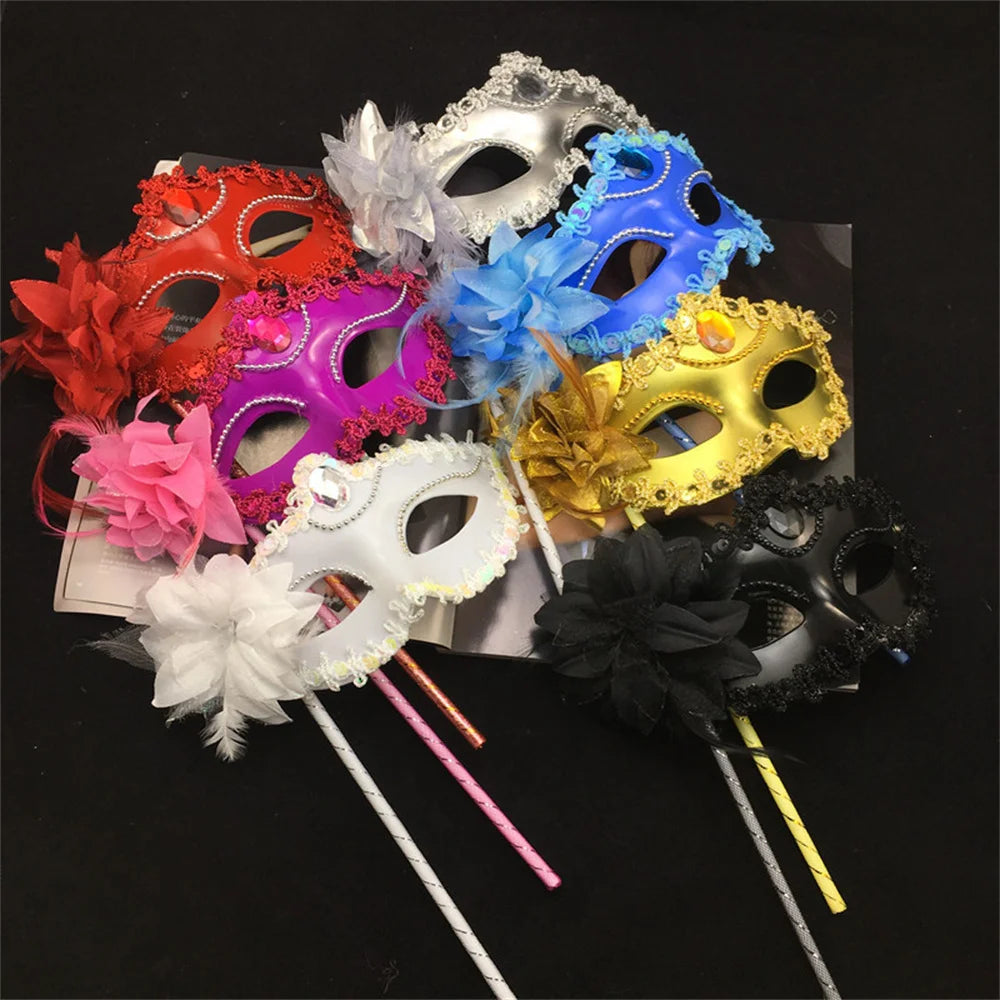 Venetian Princess Ball Handheld Mask Side Flower Mask with Holding Stick Mardi Gras Party Masquerade Feather Mask for Women