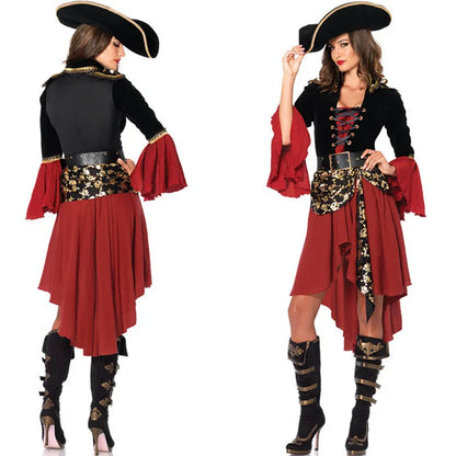 Frauen Karibik Piraten Kapitän Kostüm Halloween Rollenspiel Cosplay Anzug Medoeval Gothic Fancy Weibliche Kleidung Hut Gürtel Kleid
