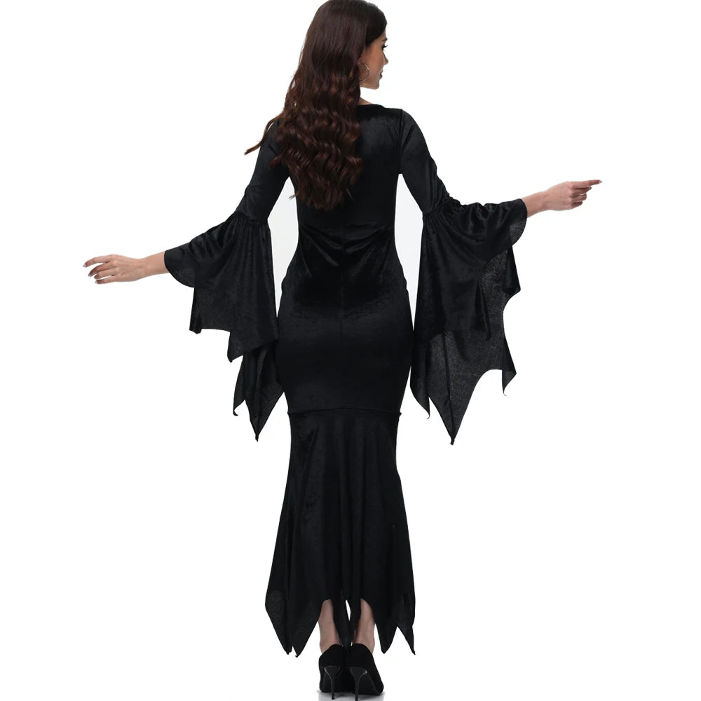 [Du bist mein Geheimnis] Halloween Morticia Adams Primate Schwarz Adams Familie Kleid Retro Gothic Flared Sleeve Fishtail Kleid Vestido