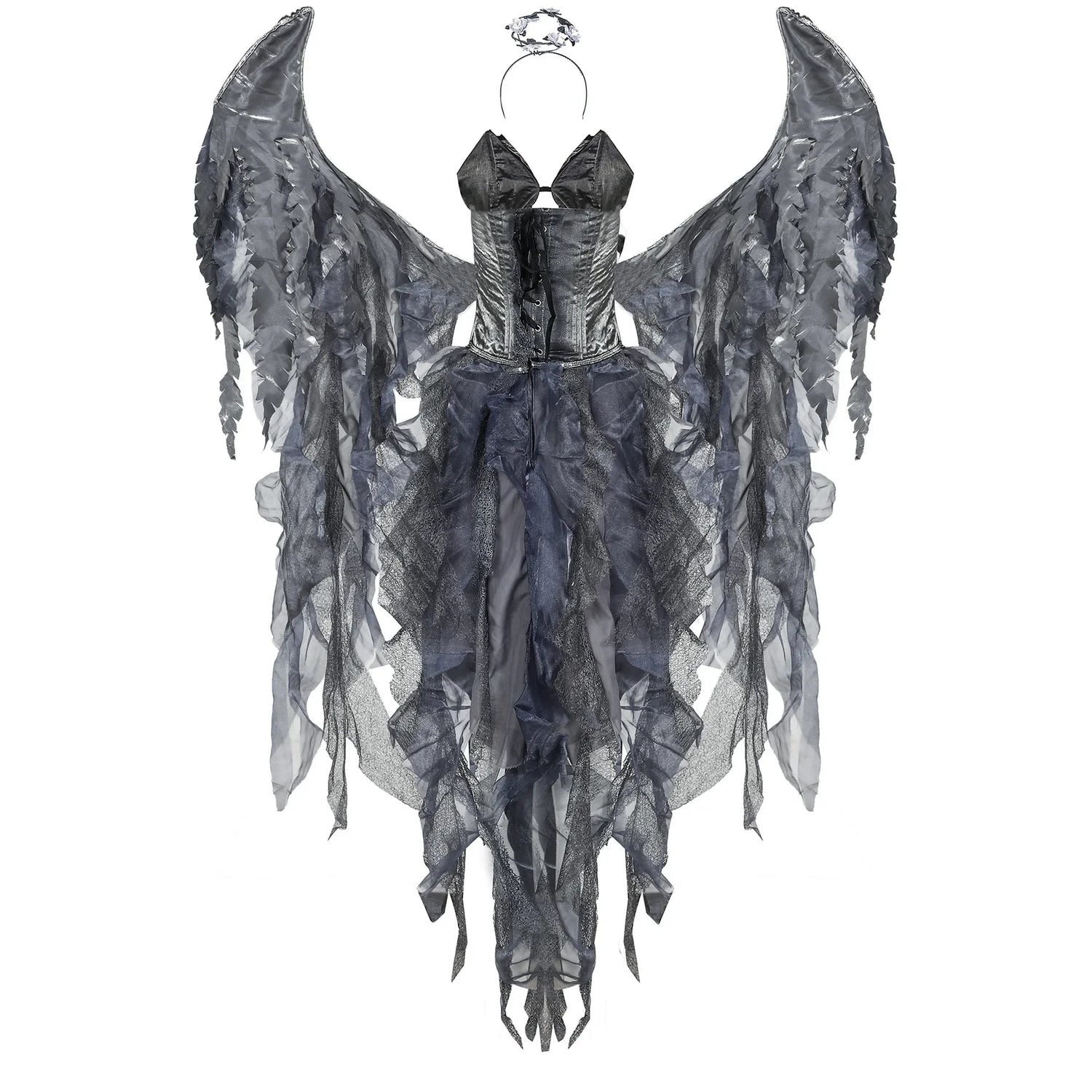 Purim Halloween Dark Fallen Angel Kostümkleid mit Stirnband Flügel Set Performance Kostüm Cosplay Requisiten Frauen Erwachsene