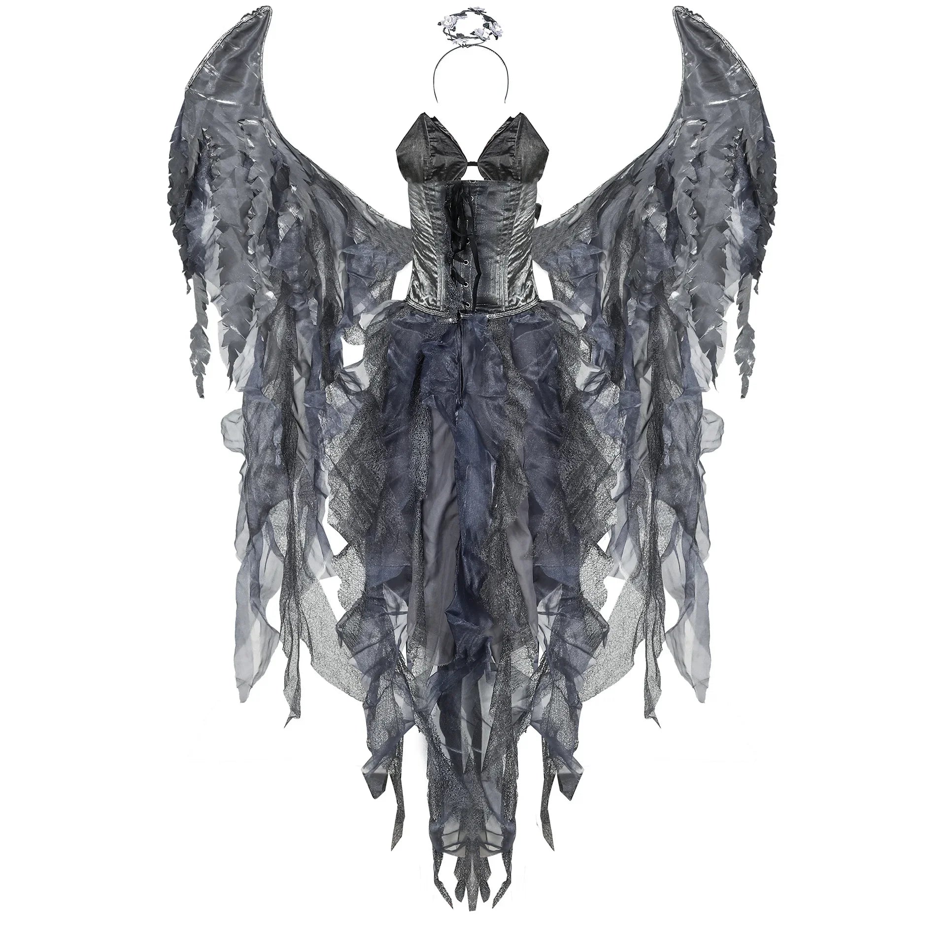 Purim Halloween Dark Fallen Angel Kostümkleid mit Stirnband Flügel Set Performance Kostüm Cosplay Requisiten Frauen Erwachsene