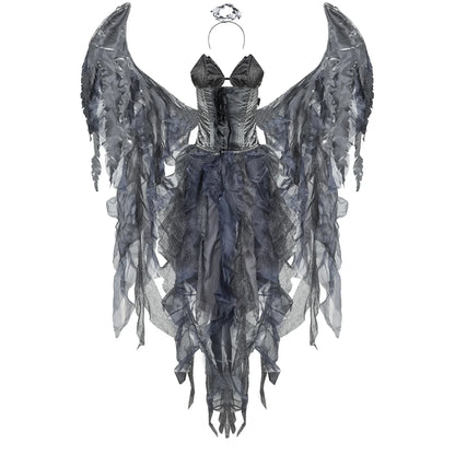Purim Halloween Dark Fallen Angel Kostümkleid mit Stirnband Flügel Set Performance Kostüm Cosplay Requisiten Frauen Erwachsene