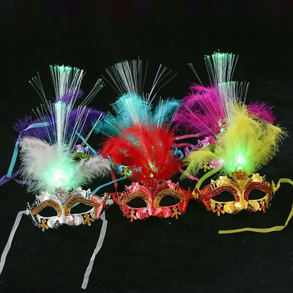 Prom Party Colorful Lights Mask Feather Half Mask Masquerade Costume Carnival Cosplay Venice LED Masks Venetian Mask Lace