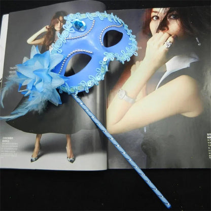 Venetian Princess Ball Handheld Mask Side Flower Mask with Holding Stick Mardi Gras Party Masquerade Feather Mask for Women