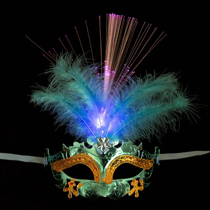 Prom Party Colorful Lights Mask Feather Half Mask Masquerade Costume Carnival Cosplay Venice LED Masks Venetian Mask Lace