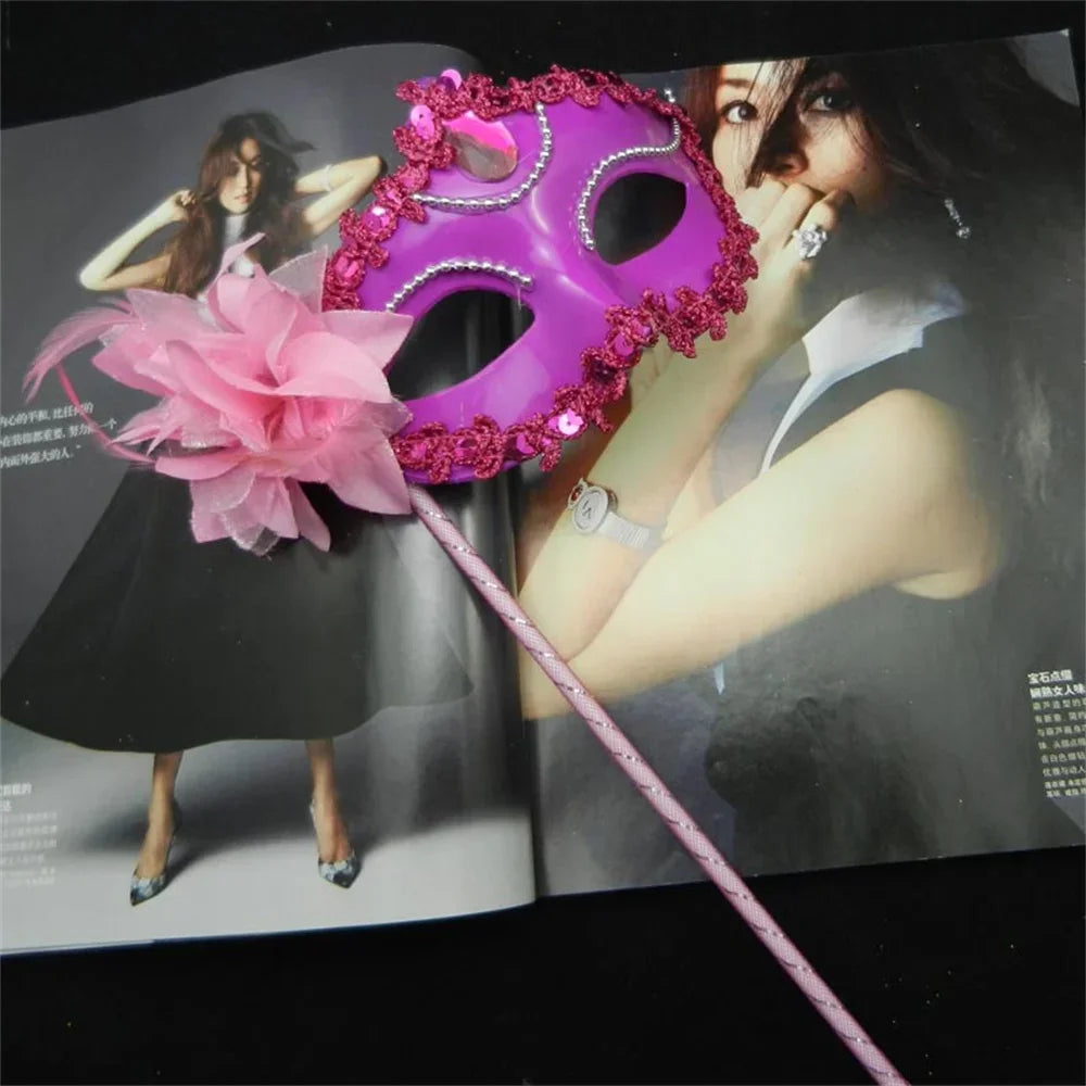 Venetian Princess Ball Handheld Mask Side Flower Mask with Holding Stick Mardi Gras Party Masquerade Feather Mask for Women