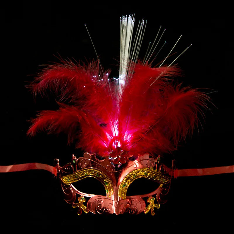 Prom Party Colorful Lights Mask Feather Half Mask Masquerade Costume Carnival Cosplay Venice LED Masks Venetian Mask Lace