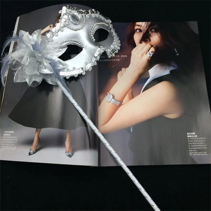 Venetian Princess Ball Handheld Mask Side Flower Mask with Holding Stick Mardi Gras Party Masquerade Feather Mask for Women