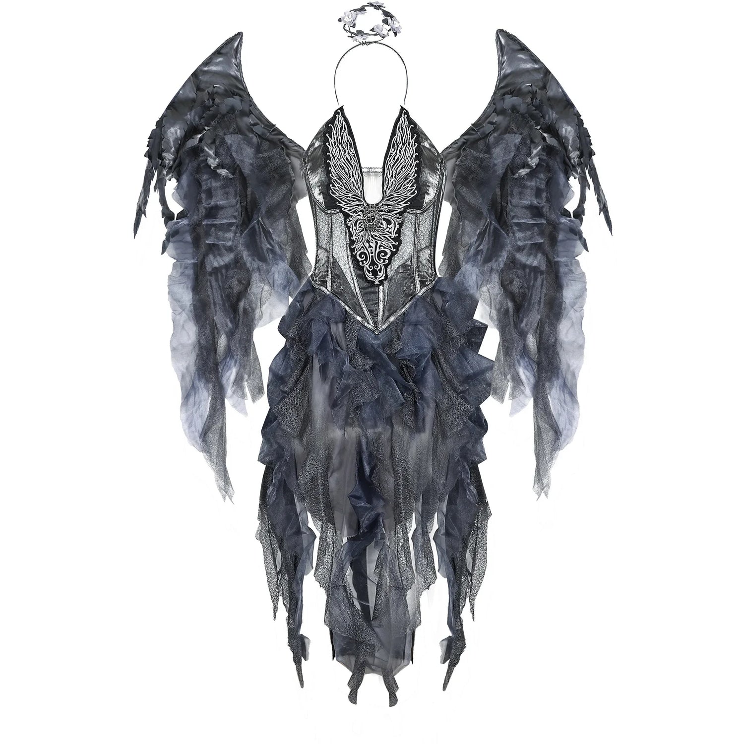 Purim Halloween Dark Fallen Angel Kostümkleid mit Stirnband Flügel Set Performance Kostüm Cosplay Requisiten Frauen Erwachsene