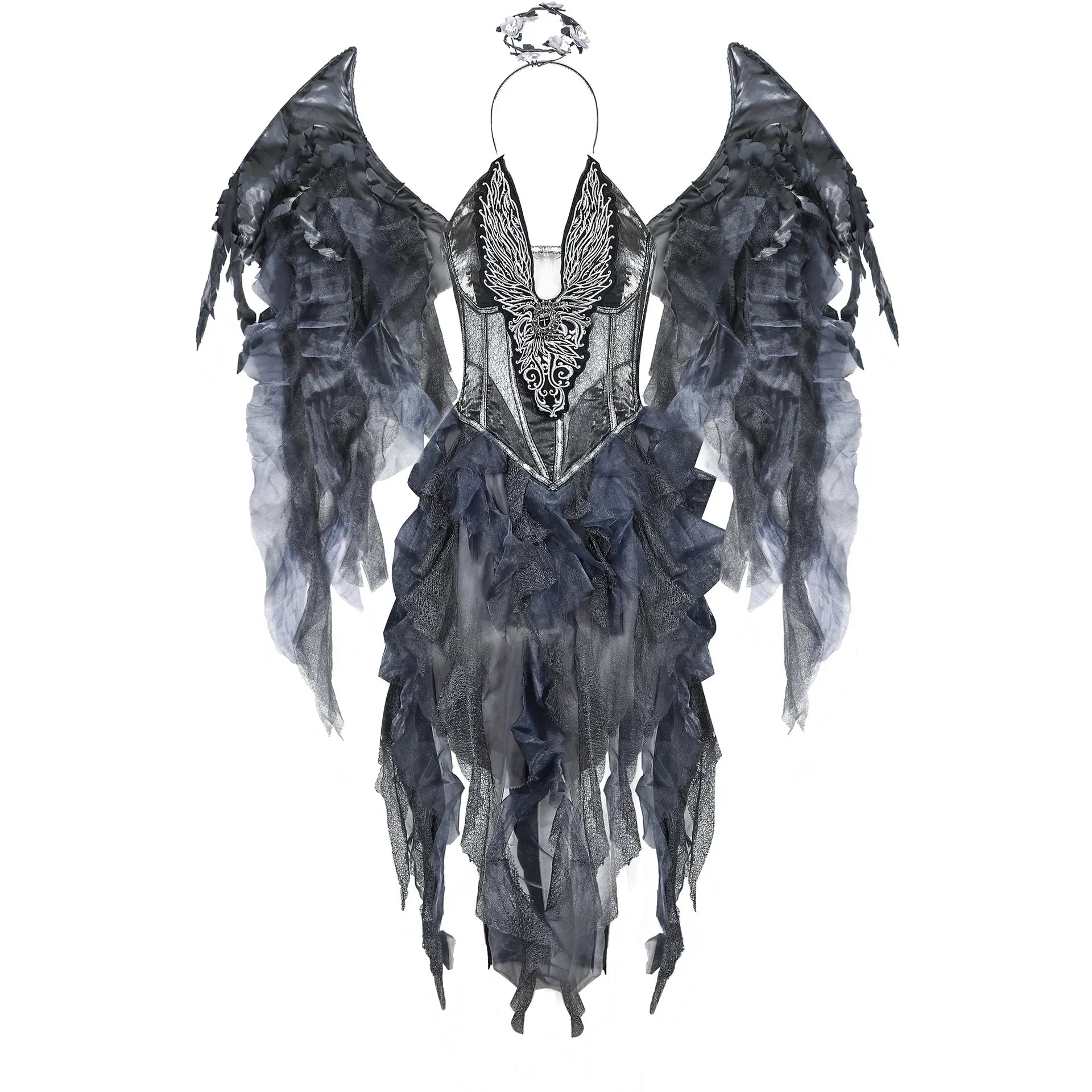 Purim Halloween Dark Fallen Angel Kostümkleid mit Stirnband Flügel Set Performance Kostüm Cosplay Requisiten Frauen Erwachsene