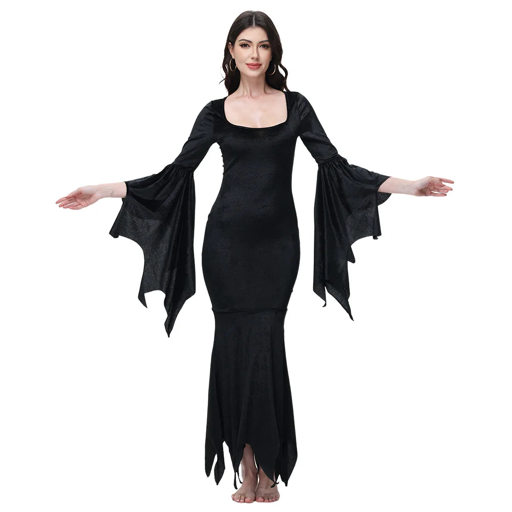 [Du bist mein Geheimnis] Halloween Morticia Adams Primate Schwarz Adams Familie Kleid Retro Gothic Flared Sleeve Fishtail Kleid Vestido