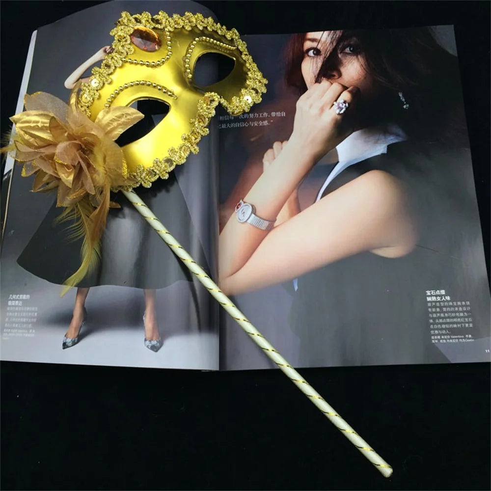 Venetian Princess Ball Handheld Mask Side Flower Mask with Holding Stick Mardi Gras Party Masquerade Feather Mask for Women