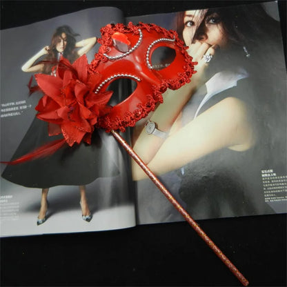 Venetian Princess Ball Handheld Mask Side Flower Mask with Holding Stick Mardi Gras Party Masquerade Feather Mask for Women