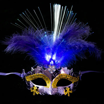 Prom Party Colorful Lights Mask Feather Half Mask Masquerade Costume Carnival Cosplay Venice LED Masks Venetian Mask Lace