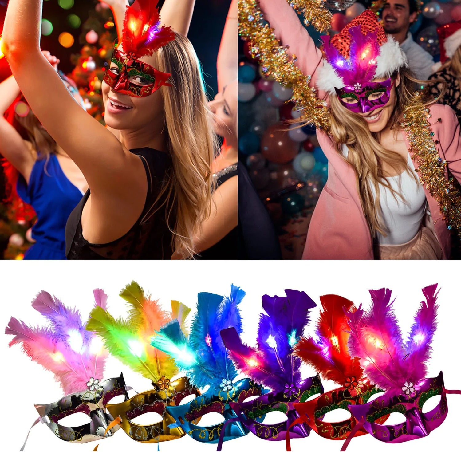 Glowing Feather LED Masks Venice Carnival Halloween Christmas Light Up Masks Masquerade Birthday Wedding Party Cosplay Costume