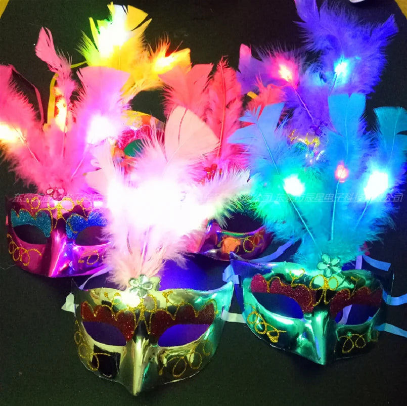 LED Glowing Feather Butterfly Mask Girls Light Blinking Venetian Mard Gras Masquerade Masks Women Party Wedding Festival Costume