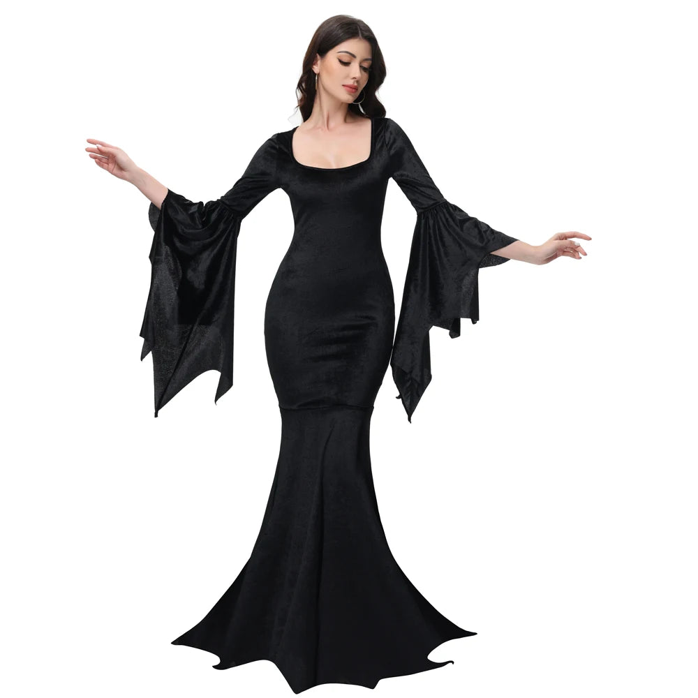 [Du bist mein Geheimnis] Halloween Morticia Adams Primate Schwarz Adams Familie Kleid Retro Gothic Flared Sleeve Fishtail Kleid Vestido