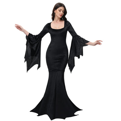 [Du bist mein Geheimnis] Halloween Morticia Adams Primate Schwarz Adams Familie Kleid Retro Gothic Flared Sleeve Fishtail Kleid Vestido
