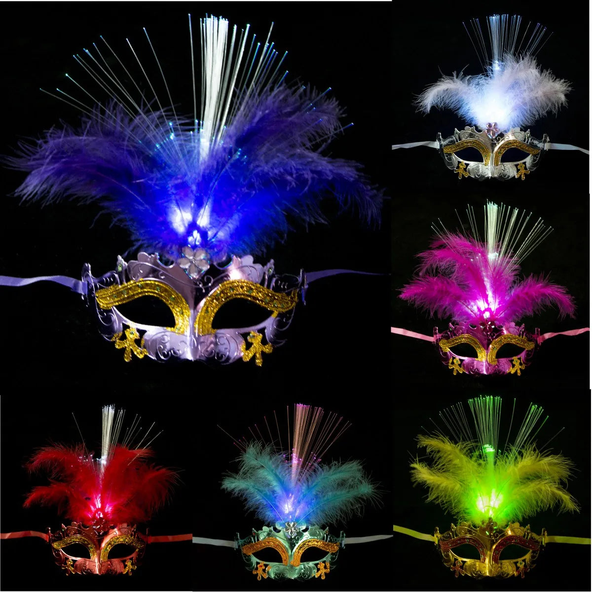 Prom Party Colorful Lights Mask Feather Half Mask Masquerade Costume Carnival Cosplay Venice LED Masks Venetian Mask Lace