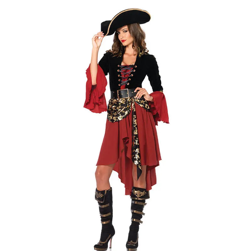 Frauen Karibik Piraten Kapitän Kostüm Halloween Rollenspiel Cosplay Anzug Medoeval Gothic Fancy Weibliche Kleidung Hut Gürtel Kleid