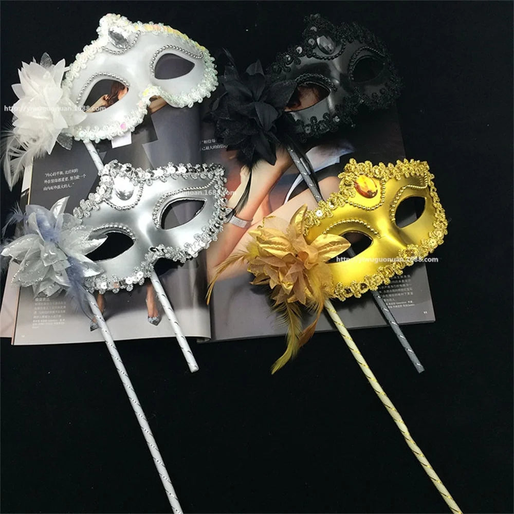 Venetian Princess Ball Handheld Mask Side Flower Mask with Holding Stick Mardi Gras Party Masquerade Feather Mask for Women