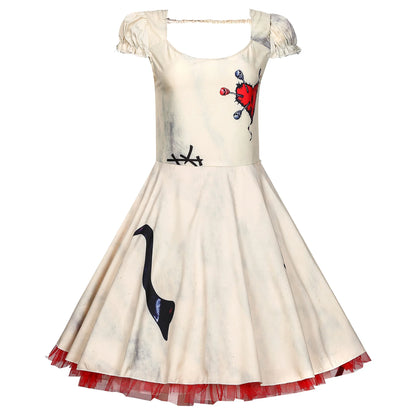 Halloween-Karnevalsparty, gruseliger böser Zirkusclown, Cosplay-Kostüm, Tag der Toten, gebrochene Voodoo-Puppe, Geisterbraut, Kostüm