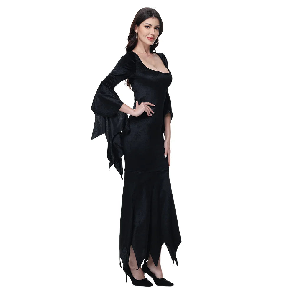 [Du bist mein Geheimnis] Halloween Morticia Adams Primate Schwarz Adams Familie Kleid Retro Gothic Flared Sleeve Fishtail Kleid Vestido