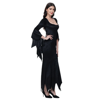 [Du bist mein Geheimnis] Halloween Morticia Adams Primate Schwarz Adams Familie Kleid Retro Gothic Flared Sleeve Fishtail Kleid Vestido