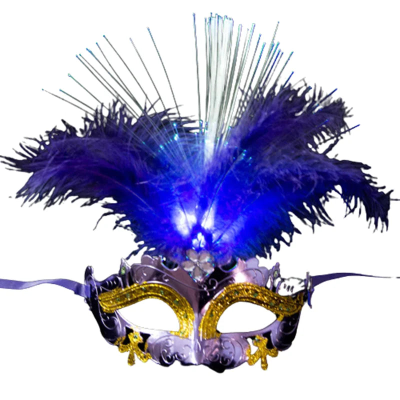 Prom Party Colorful Lights Mask Feather Half Mask Masquerade Costume Carnival Cosplay Venice LED Masks Venetian Mask Lace